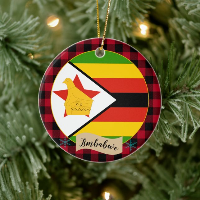 Zimbabwe, Red buffalo plaid & Zimbabwe Flag Ceramic Ornament (Tree)