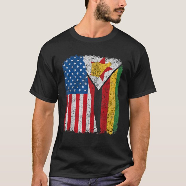 Zimbabwean American Flag Half USA Zimbabwe Root Pr T-Shirt (Front)