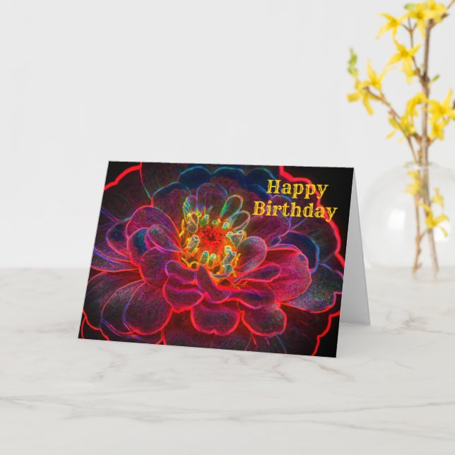 Zinnia Abstract Flower Art Birthday Card (Yellow Flower)