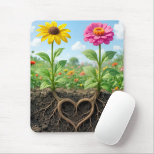 Zinnia and Daisy Flowers with Heart-shaped Roots Mouse Pad