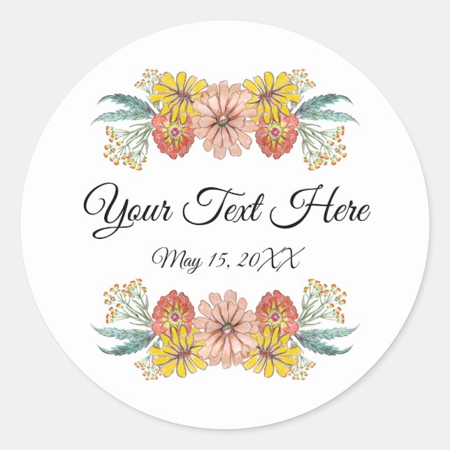 Zinnia Art Drawing - Custom Text Wreath Classic Round Sticker (Front)
