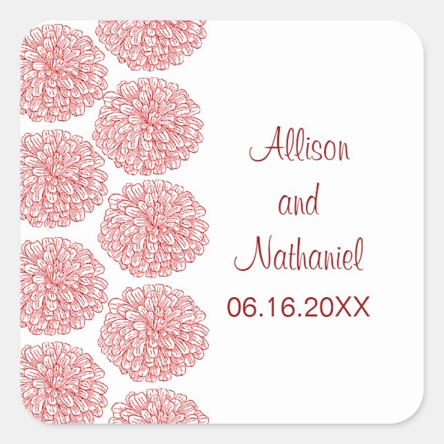 Zinnia Border Wedding Stickers, Red Square Sticker (Front)