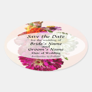 Zinnia Bouquet Mixed Colours Save the Date Oval Sticker