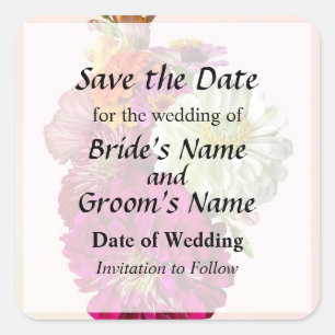 Zinnia Bouquet Mixed Colours Save the Date Square Sticker