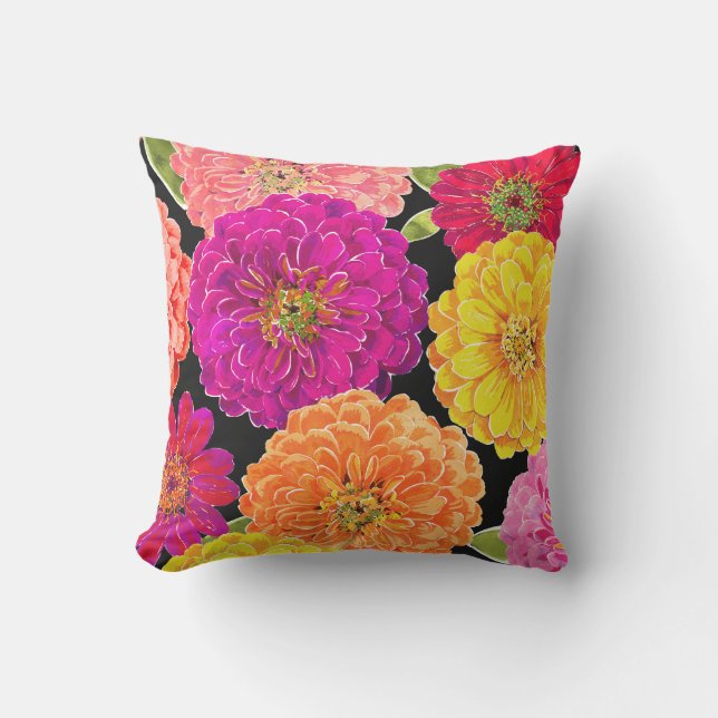 Zinnia Floral Pink Yellow Purple Peach Cushion (Front)