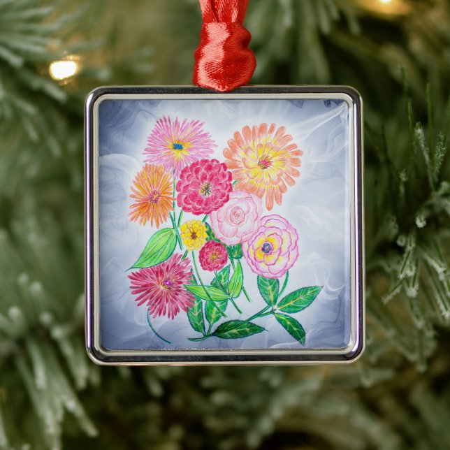 Zinnia Flower Artistic Garden Art Metal Ornament (Tree)