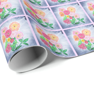 Zinnia Flower Blue Swirl Wrapping Paper