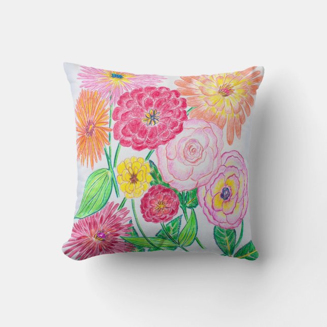Zinnia Flower Mix Coloured Pencil Drawing Cushion (Front)
