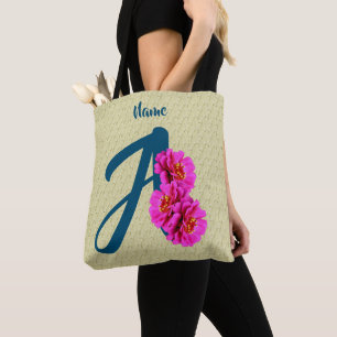 Zinnia Flowers Monogram Initial A Personalised Tote Bag