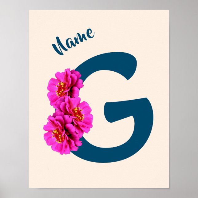 Zinnia Flowers Monogram Initial G Personalised Poster (Front)