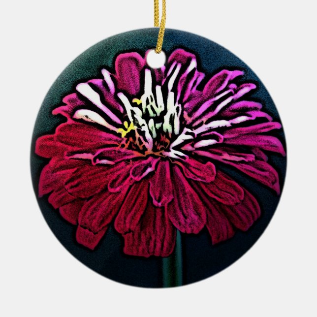 Zinnia Woodcut Ceramic Tree Decoration (Front)