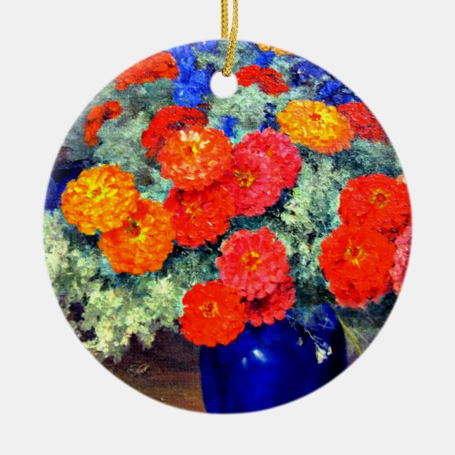 Zinnias, brightly coloured and beautiful ceramic ornament (Front)