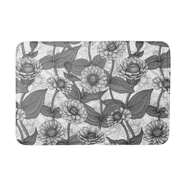 Zinnias, monochome on white bath mat (Front)