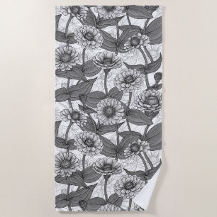 Zinnias, monochome on white beach towel