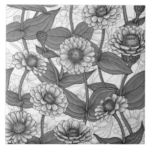 Zinnias, monochome on white ceramic tile