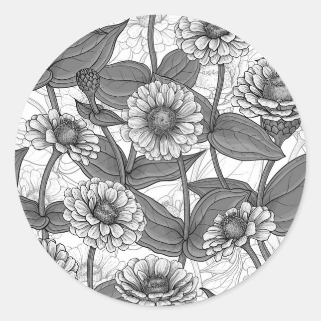 Zinnias, monochome on white classic round sticker (Front)