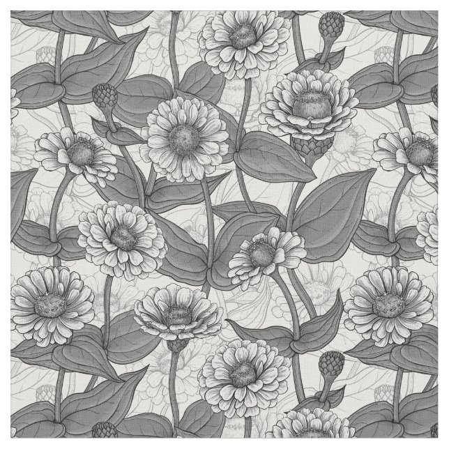 Zinnias, monochome on white fabric (Close Up)