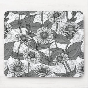 Zinnias, monochome on white mouse pad