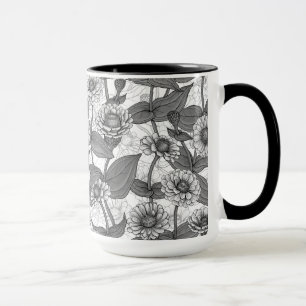 Zinnias, monochome on white mug