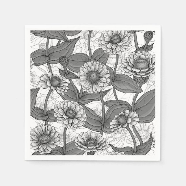 Zinnias, monochome on white napkin (Front)