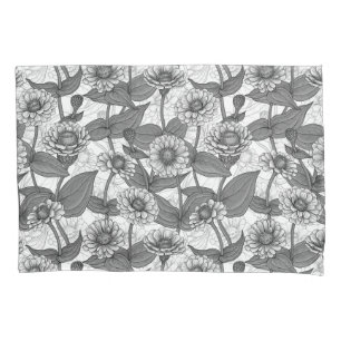 Zinnias, monochome on white pillowcase
