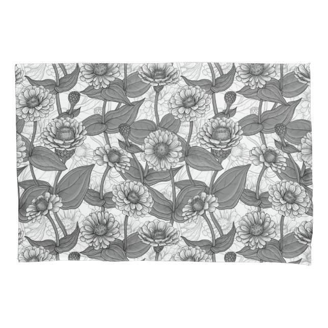 Zinnias, monochome on white pillowcase (Front-Left)
