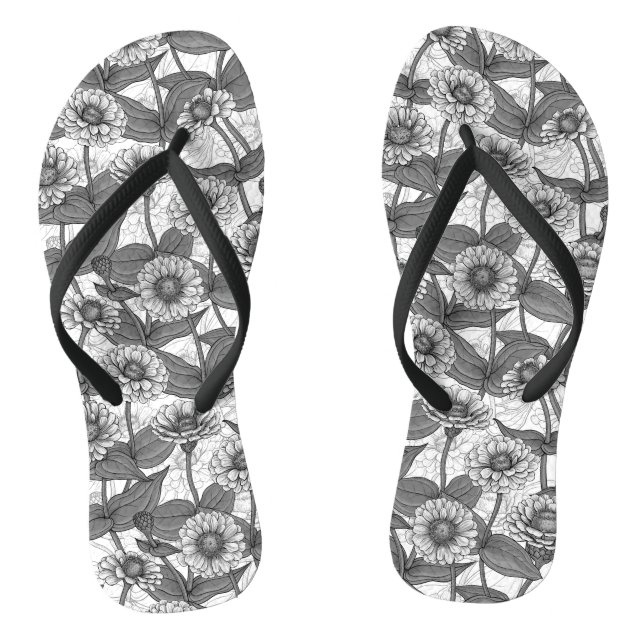 Zinnias, monochome on white thongs (Footbed)