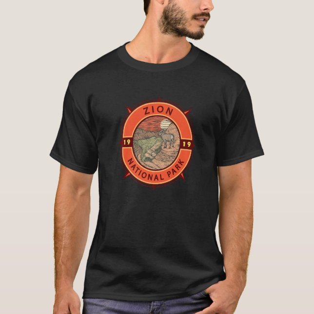 Zion National Park Bighorn Sheep Retro Compass Emb T-Shirt (Front)