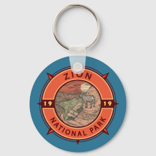 Zion National Park Bighorn Sheep Retro Compass Key Ring