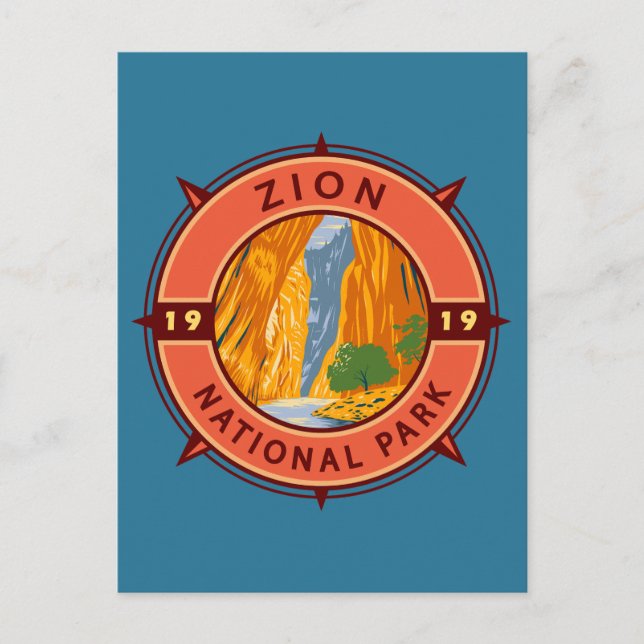 Zion National Park Retro Compass Emblem Postcard (Front)