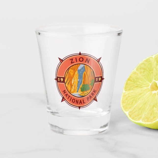 Zion National Park Retro Compass Emblem Shot Glass (Front)