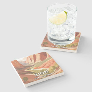 Zion National Park Travel Watercolor Valley Stone Coaster