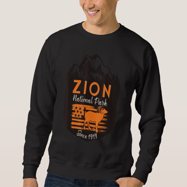 Zion National Park US Flag Bighorn Sheep Mountains Sweatshirt (Front)
