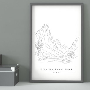 Zion National Park USA Minimalist Line Art Travel Poster