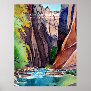 Zion National Park Utah The Narrows by water color Poster