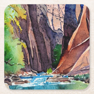 Zion National Park Utah The Narrows by water color Square Paper Coaster