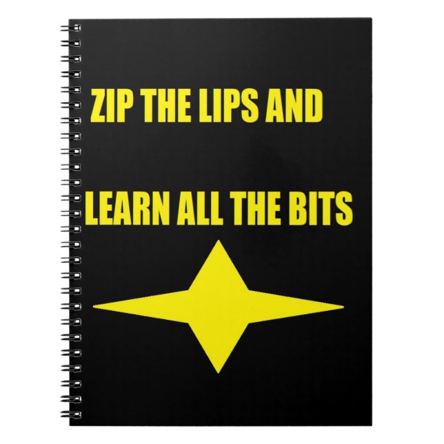Zip the lips yellow text on black design notebook (Front)