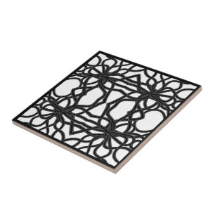 Zip Tied Black On White Curvy Symmetrical Pattern Ceramic Tile