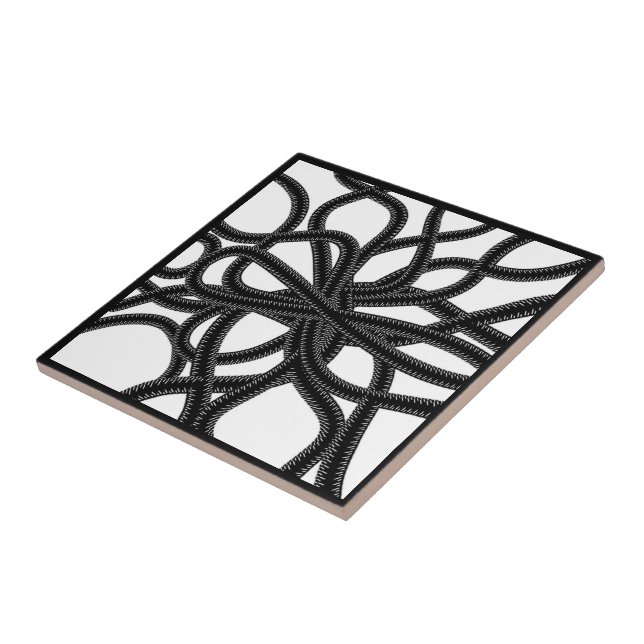 Zip Tied Black On White Curvy Symmetrical Pattern  Ceramic Tile (Side)