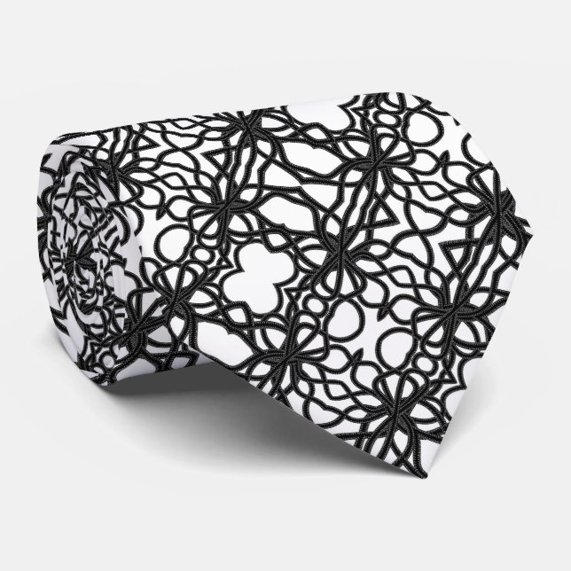 Zip Tied Black On White Curvy Symmetrical Pattern Tie (Rolled)