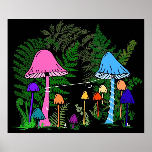 Ziplining Colourful Mushrooms Poster (Front)