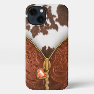 Zipper Western Cowhide Tooled Leather iPhone 13 Case