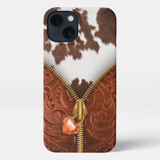 Zipper Western Cowhide Tooled Leather iPhone Case (Back)
