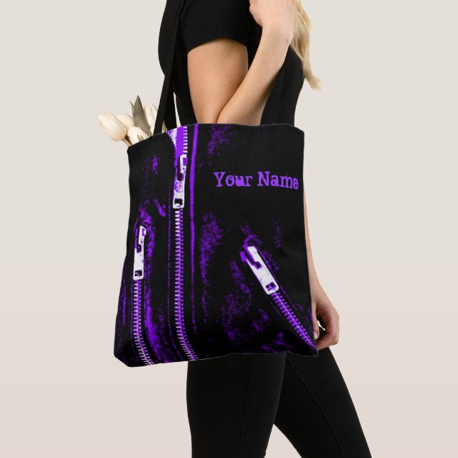 Zips Purple print Name all over tote bag (Close Up)