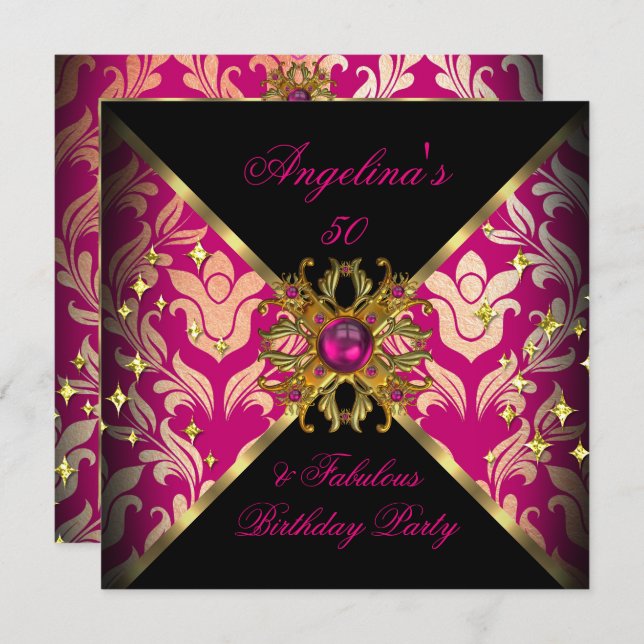 ZIZZAGO DESIGN Fabulous 50 Pink Gold Damask Party Invitation (Front/Back)