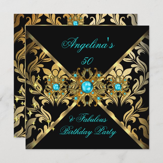 ZIZZAGO DESIGN Fabulous Teal Gold Black Damask Invitation (Front/Back)