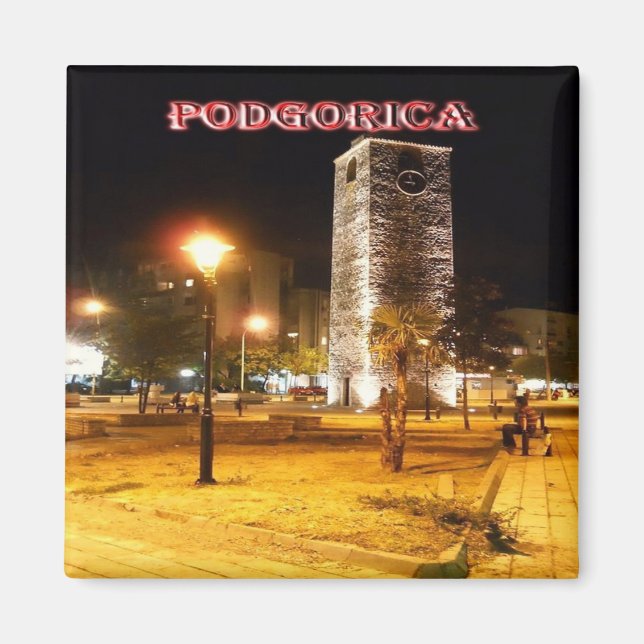 zME013 PODGORICA Clock Tower at Night, Fridge Magnet (Front)