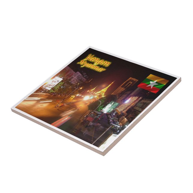 zMM003 YANGON  by night, Myanmar Burma, Ceramic Tile (Side)
