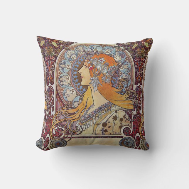 Zodiac and Her Tiara Alphonse Mucha Fine Art Cushion (Front)