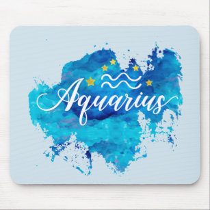 Zodiac Aquarius Blue Watercolor Gold Stars Mouse Pad
